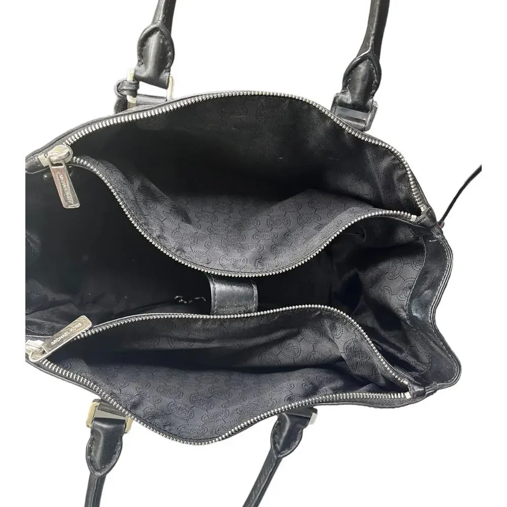 Michael Kors black leather silver tote handbag expandable magnetic zip closure